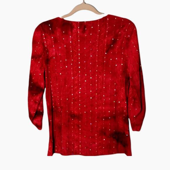 CATO Womens Red‎ Orange M Sequin Top Blouse Tie Dye Ruffle V-Neck Ruched Sleeves - Picture 2 of 8